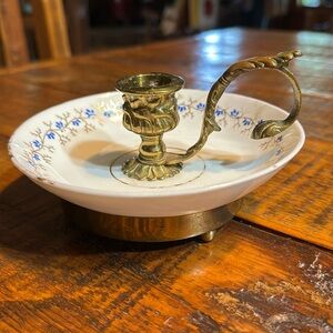 Brass and Porcelain Chamberstick | Vintage Ornate Candle Holder with Handle